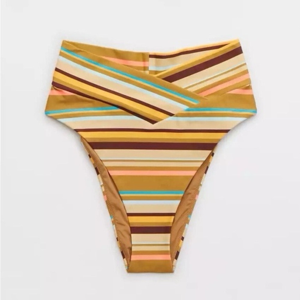 Aerie Brown Yellow Blue Striped High Cut Cheeky Bikini Bottom